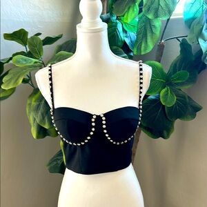 Haute Monde Black Crop Top with large Rhinestones